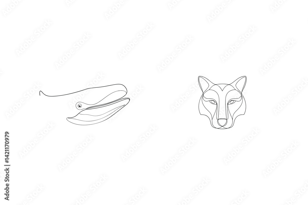 Fototapeta premium Minimalist Outlines Of Whale And Wolf Heads On White Background Design