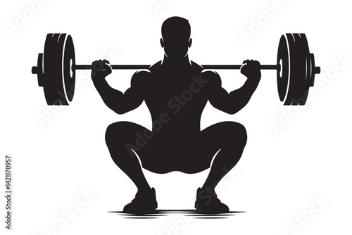 Powerful man lifting heavy barbell doing squats fitness exercise