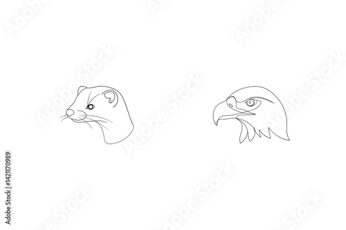Line Art Illustration Of A Stoat And Eagle Heads Wildlife Concept