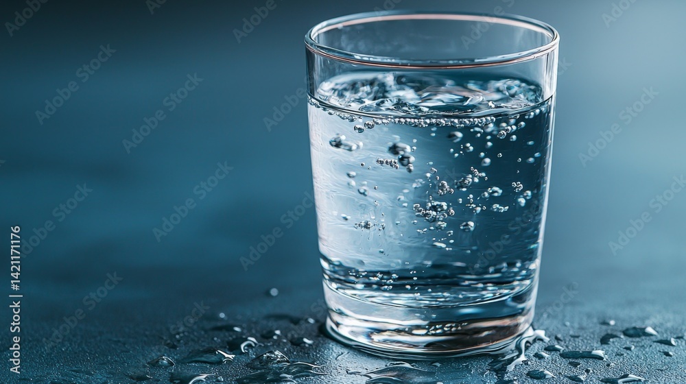 A glass of water with water droplets on a table A glass of water with water droplets on a table