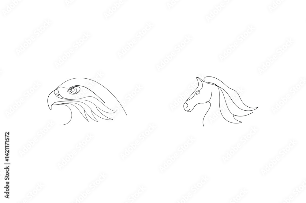 Obraz premium Minimalist Line Art Of Eagle And Horse Heads Vector Illustration