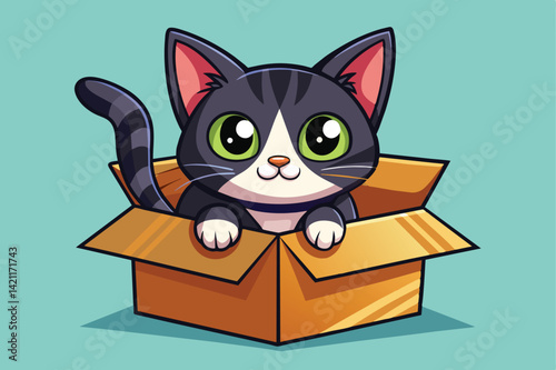Adorable cartoon cat peeking out of a cardboard box with big green eyes. Perfect illustration for playful and cute themed designs.