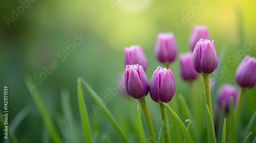 Vibrant pink tulips in soft focus. Serene floral composition, ideal for spring themes, nature backgrounds, and delicate designs.