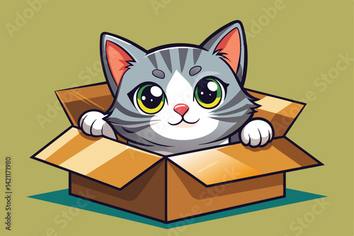 Adorable cartoon cat with big eyes peeking out of a cardboard box. Perfect for pet lovers and whimsical designs.