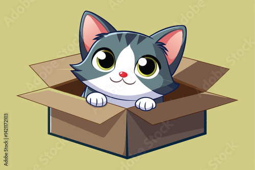 Adorable cartoon cat with big eyes sitting playfully in a cardboard box. Colorful illustration perfect for children's art or pet-themed designs.