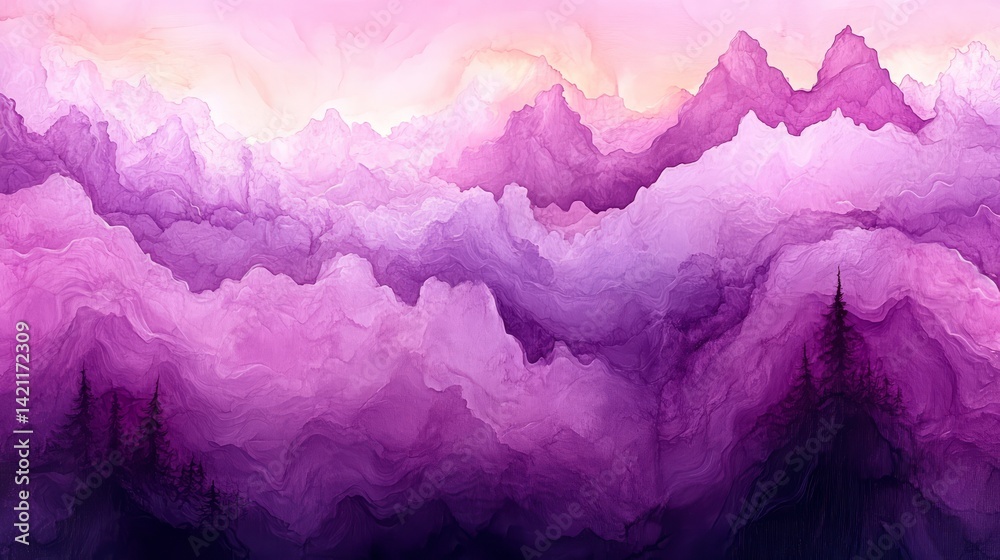 Obraz premium Dreamy pink and purple mountain landscape with soft clouds and a vibrant, colorful horizon in a surreal abstract style