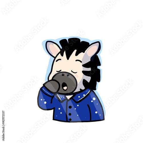 Cute zebra yawning in pajamas, morning routine cartoon illustration 