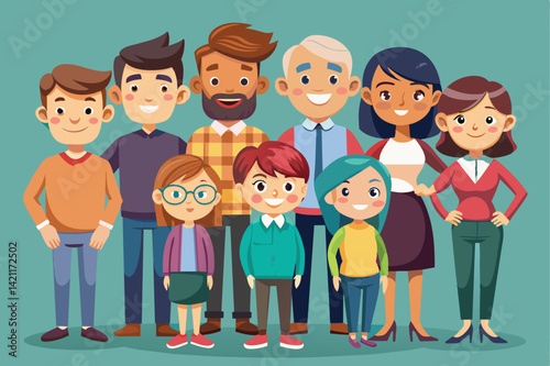 Colorful cartoon illustration of a diverse family group, showcasing various ages and ethnicities with smiling faces. Perfect for themes of unity, happiness, and togetherness