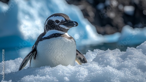 A penguin standing on top of a pile of snow