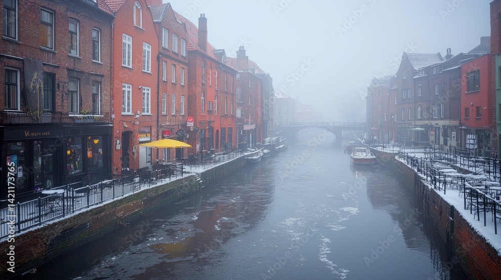 Naklejka premium A foggy view of a canal in a small town