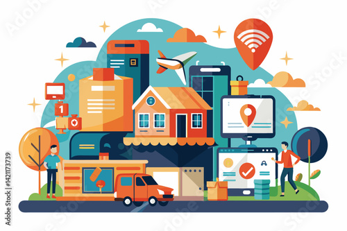 Colorful illustration depicting a smart city with buildings, wifi connectivity, and transportation, showcasing the integration of technology and modern urban life.