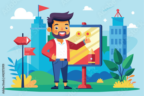 Illustration of a cheerful man using an interactive display board outdoors, surrounded by nature and urban buildings. Concept of technology, communication, and modern lifestyle
