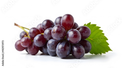 Fresh Kyoho grapes on white. Vibrant purple fruit, green leaf detail. Ideal for healthy eating, agriculture, and food concepts.