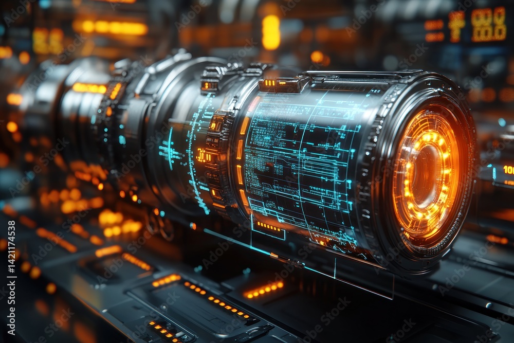 Futuristic engine with glowing displays Futuristic engine with glowing displays