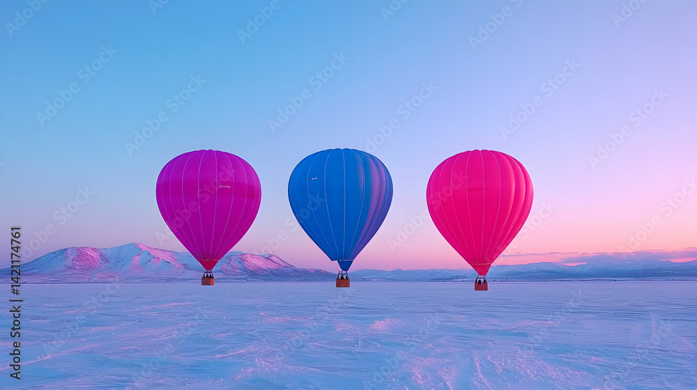 Obraz premium Three Pixelated Hot Air Balloons at Sunrise over Snowy Mountains