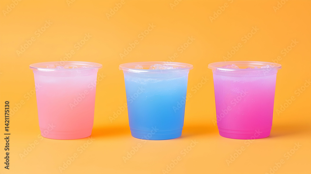 Three Plastic Cups of Colorful Refreshing Drinks on Orange Background Three Plastic Cups of Colorful Refreshing Drinks on Orange Background