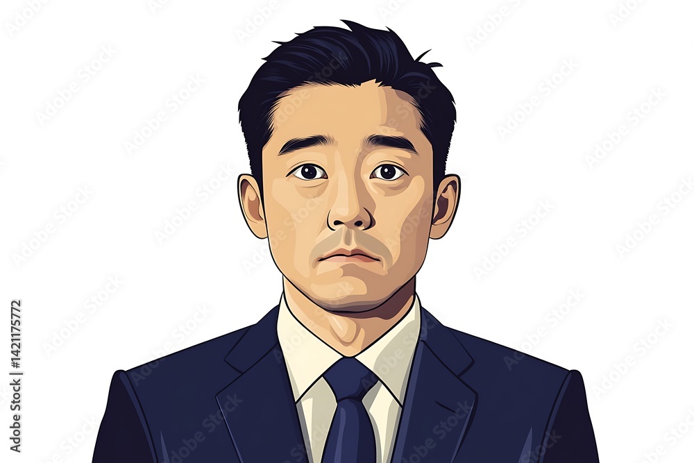 Pixelated Portrait Of Young Asian Man In Dark Suit And Tie Against White Backdrop