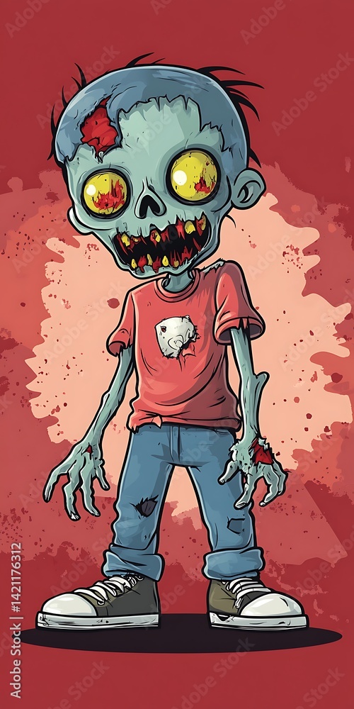 Pixelated Zombie Child Illustration in Red Shirt and Blue Jeans Standing Frontal