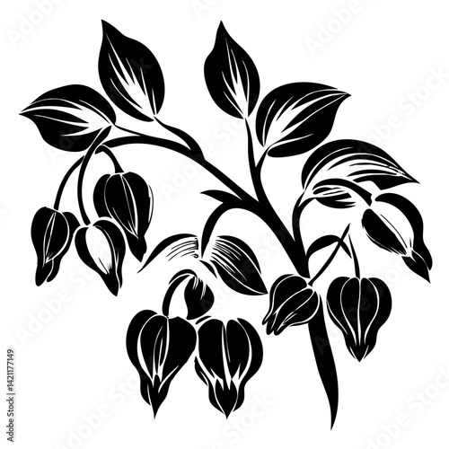 Black and White Bleeding Heart Floral Branch - Vector Botanical Illustration