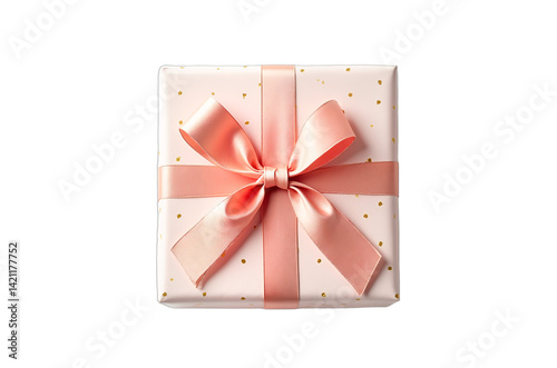 Elegant gift box, top view. Perfect for birthday, Mother's Day, New Year, Valentine's, Christmas, anniversary, wedding greetings. Pale pink, gold polka dots, salmon ribbon. Isolated. Festive.