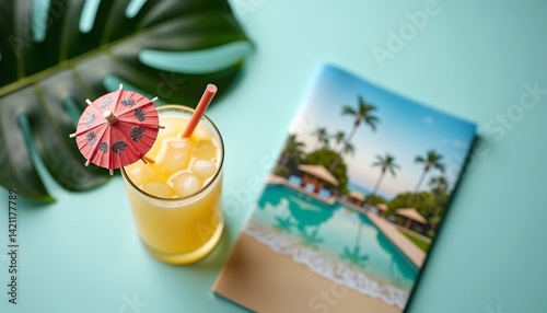 Tropical drink and beach book high angle view bright vibrant colors relaxation vacation reading