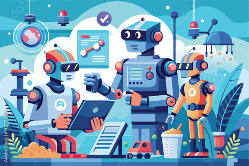 Illustration of futuristic robots working together in a high-tech environment, showcasing teamwork, innovation, and advanced technology concepts in a colorful and dynamic setting.