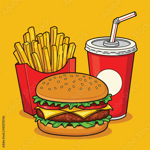Cartoon cheeseburger meal with fries and drink