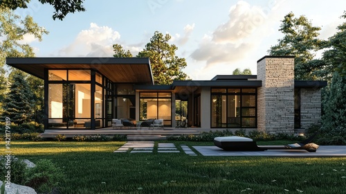 3D rendering of a modern house with an open-plan layout, natural stone accents, and a large front porch with a modern swing.