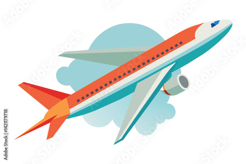 Vibrant and colorful illustrated airplane soaring through the sky with fluffy clouds in the background. Ideal for travel and aviation themes.