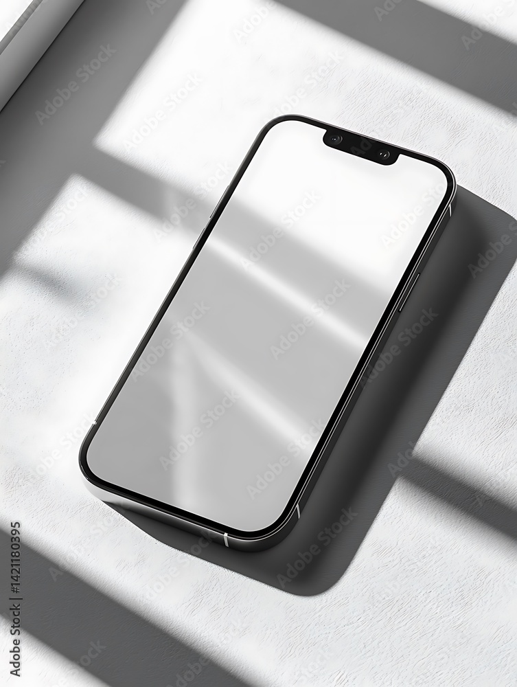 Smartphone Displayed On White Surface With Natural Shadow And Reflection Showing Digital Technology