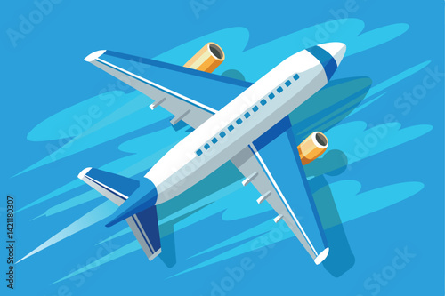 Dynamic vector illustration of an airplane soaring through a clear blue sky, capturing the essence of travel, aviation, and adventure.