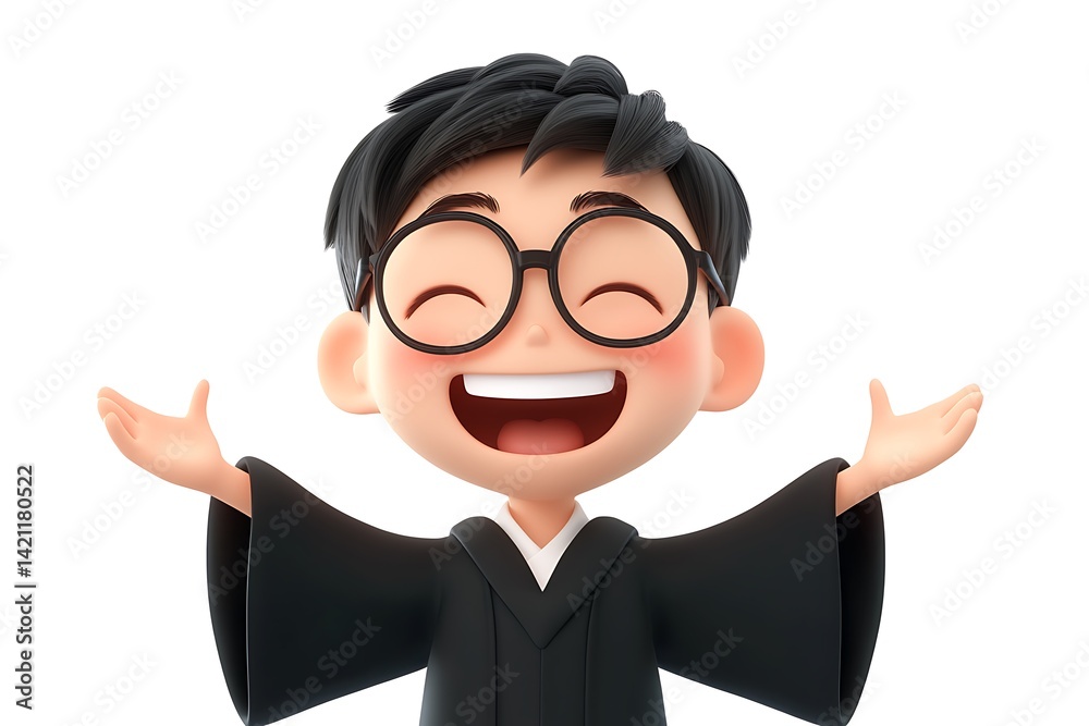 Smiling Boy Character with Glasses and Black Academic Gown on White Background
