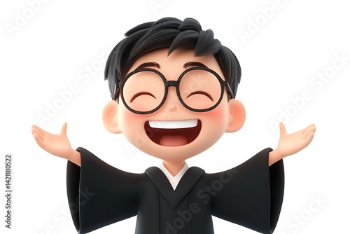 Obraz na płótnie Smiling Boy Character with Glasses and Black Academic Gown on White Background w salonie
