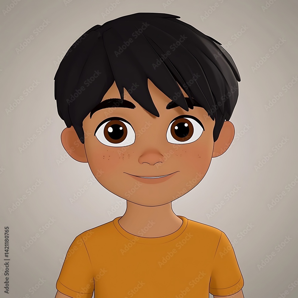 Smiling Boy Portrait With Brown Hair Wearing Orange T-Shirt in Neutral Background