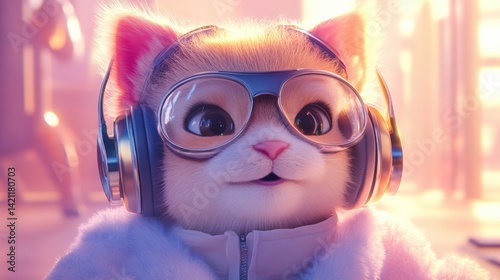  Cute 3D animated cat with glasses and headphones smiling photo