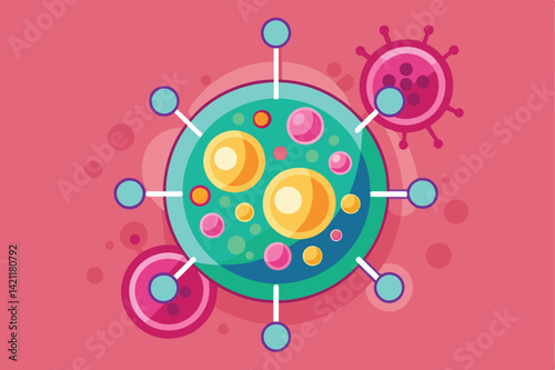 Bright and detailed vector illustration of a virus cell, showcasing vivid colors and abstract design against a pink background, ideal for educational and scientific themes.