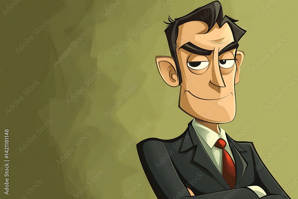Smiling Businessman In Black Suit With Red Tie Against Green Background