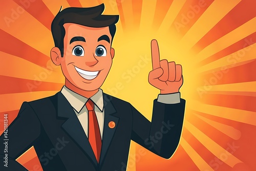 Smiling Cartoon Man In Black Suit Pointing Up With Orange Background