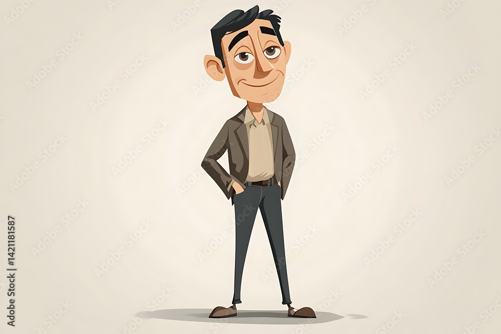 Smiling Cartoon Man in Brown Coat and Gray Pants in Neutral Background