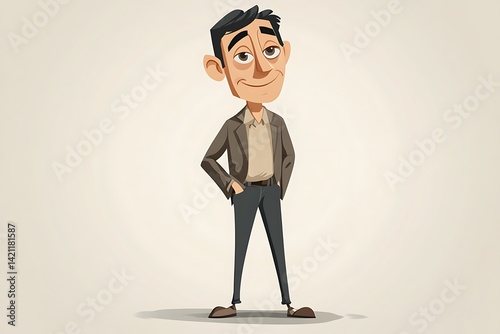 Obraz na płótnie Smiling Cartoon Man in Brown Coat and Gray Pants in Neutral Background w salonie