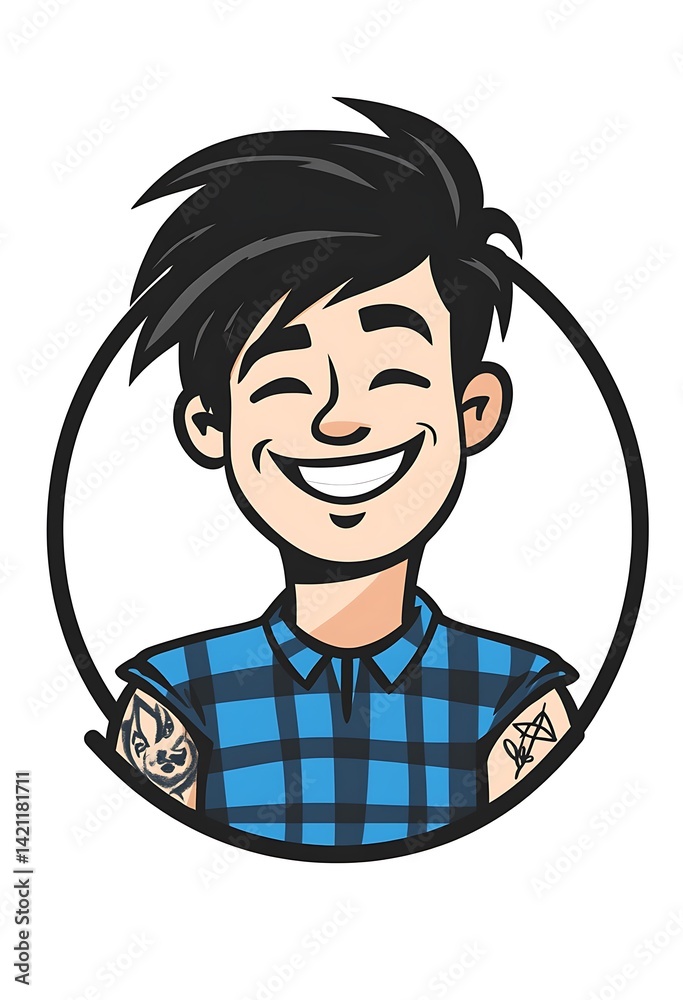 Smiling Male Portrait In Blue Checkered Shirt Tattooed Arms Against White Background