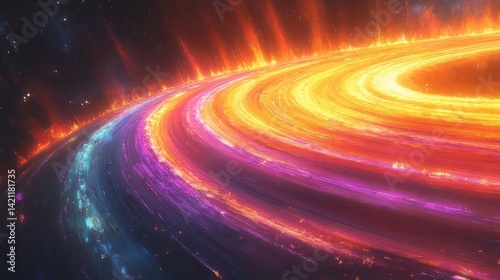 Colorful Cosmic Swirl Abstract with Intense Light and Dark Depths Evoking Interstellar Space and Celestial Phenomena with Fiery Highlights