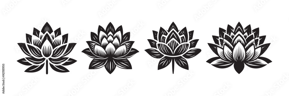 Fototapeta premium Set of lotus silhouette flowers icon vector art illustration, sign yoga and meditation for spa salon