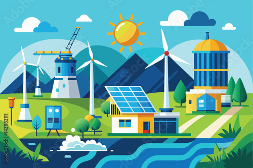 Illustrated scene showcasing renewable energy sources with wind turbines, solar panels, and a green landscape under a sunny sky.