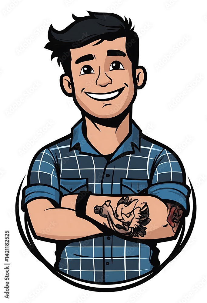 Smiling Young Man Portrait Wearing Blue Plaid Shirt and Tattooed Arms with Simple Outline