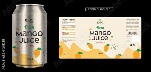 Mango juice label design, Mango drink label design. Soda can vector. Energy drink label design. Fruit juice label layout editable template design.