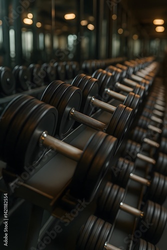 Row of heavy dumbbells on rack in modern gym setting. Fitness equipment symbolizing strength training, workout routines, and a healthy lifestyle atmosphere.