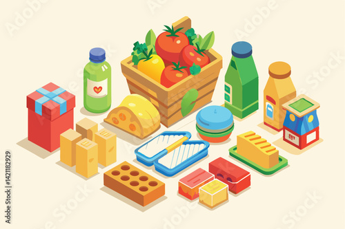 Vibrant isometric illustration depicting assorted grocery items including fruits, bread, and beverages. Perfect for marketing and food-related content.