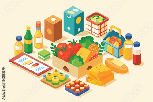 A vibrant collection of grocery items including fresh vegetables, assorted drinks, and packaged goods. Ideal for illustrating food shopping and meal preparation concepts.