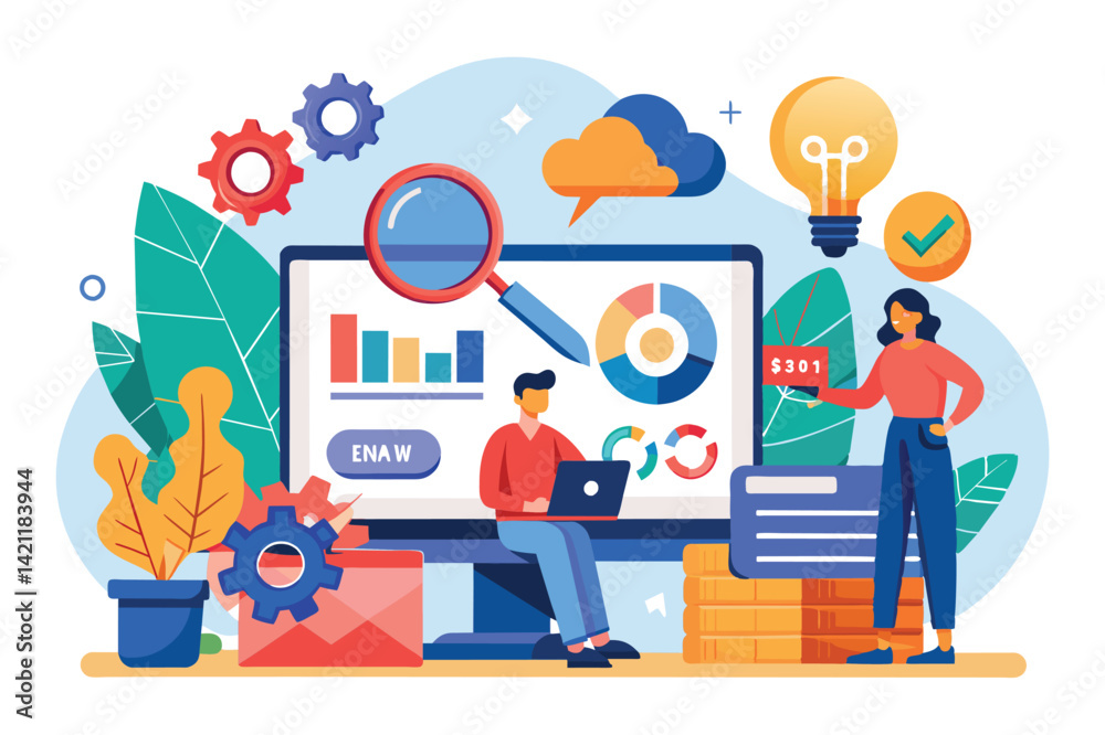 Illustration of business analysis with a laptop, charts, gears, and a lightbulb representing ideas and strategy. Ideal for concepts like teamwork and growth. Illustration of business analysis with a laptop, charts, gears, and a lightbulb representing ideas and strategy. Ideal for concepts like teamwork and growth.